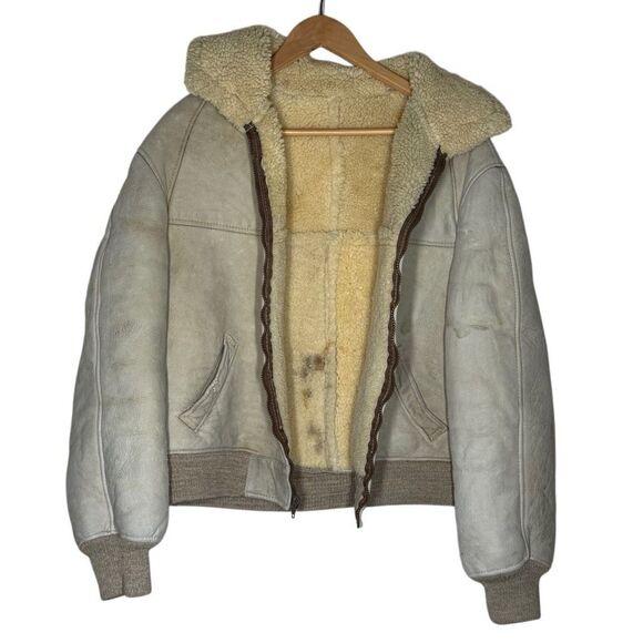 Vintage Bert Paley Beige Long Sleeve Leather Jacket Size 44 Sherpa Lined - Picture 7 of 15
